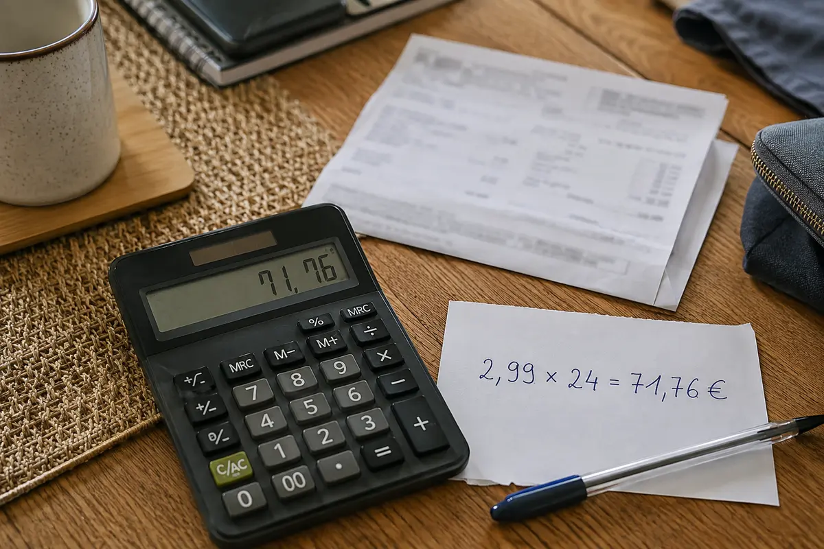 Une calculatrice et une note montrent le calcul de 2,99 euros sur 24 mois