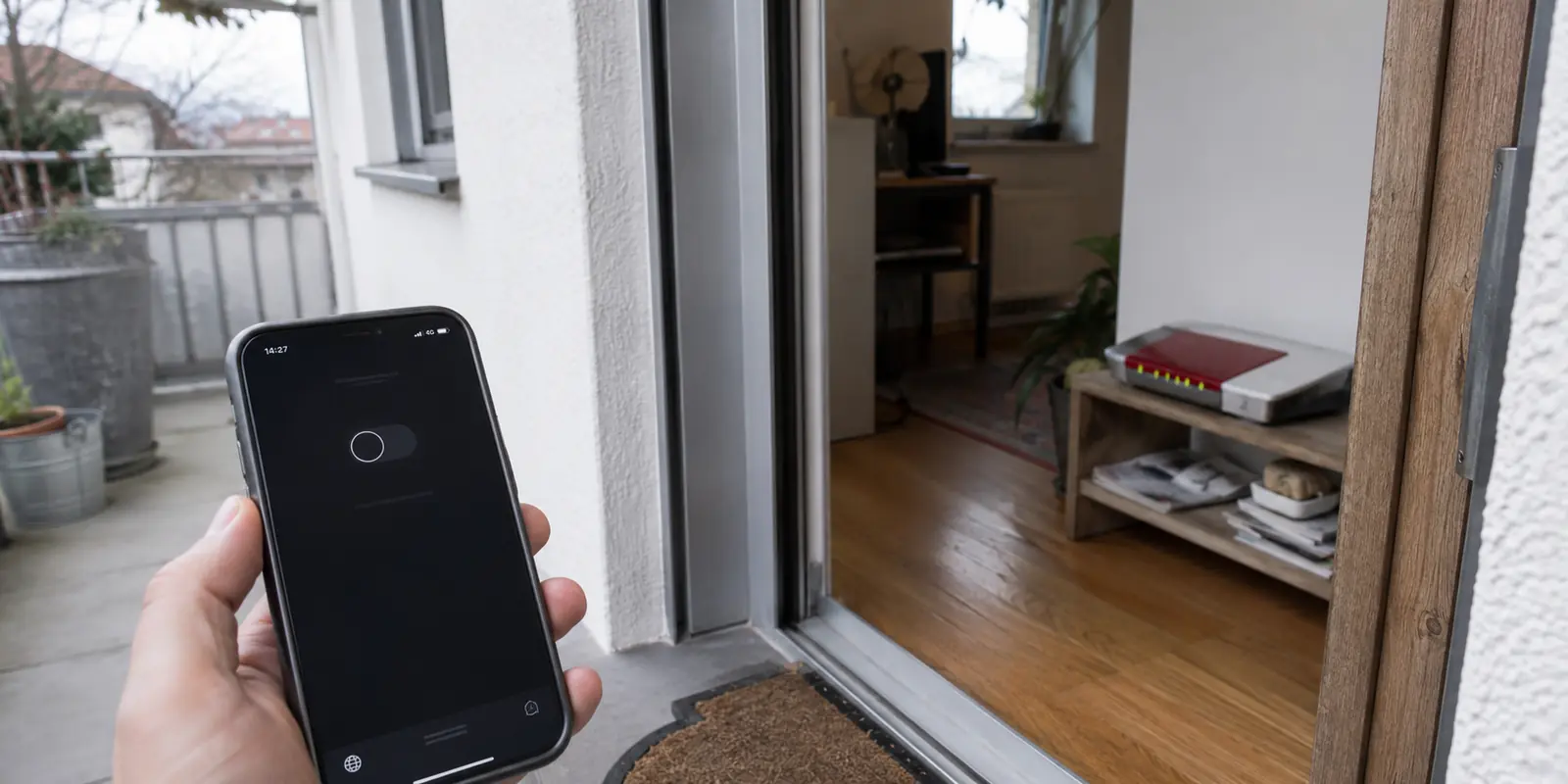 Ein Smartphone versucht außerhalb der Wohnung eine VPN-Verbindung zur FRITZ!Box im Heimnetz aufzubauen