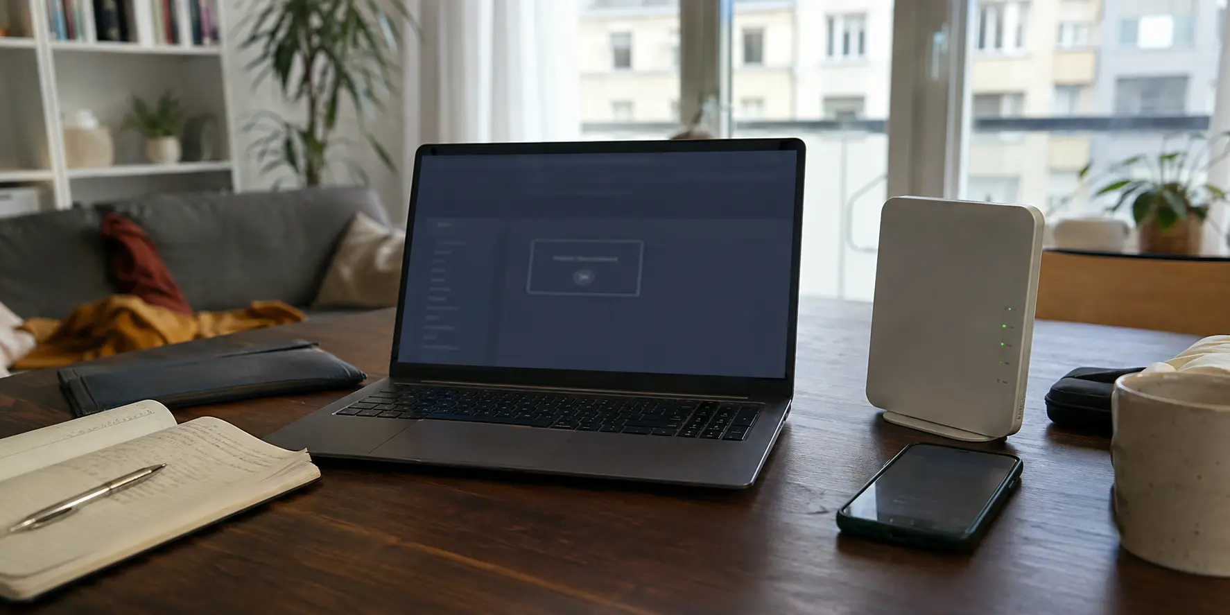 Laptop mit hängendem Firmen-VPN neben aktivem Heimrouter und Smartphone-Hotspot