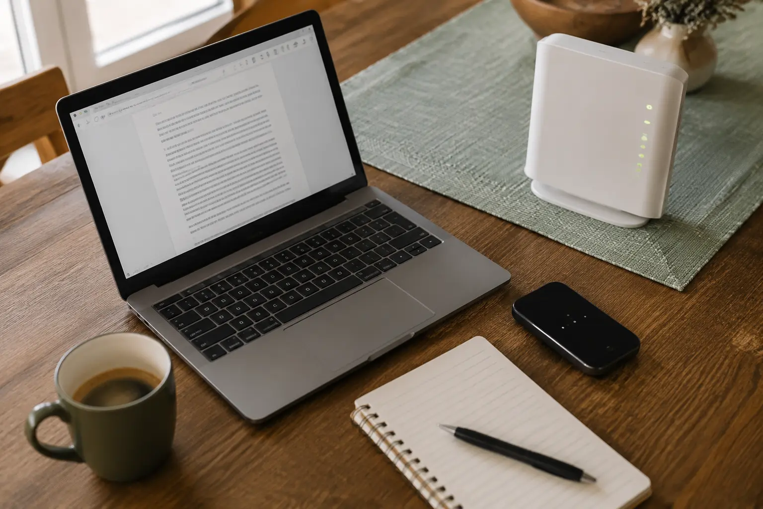 Laptop mit geöffneter Arbeitsseite neben Smartphone-Hotspot und Router