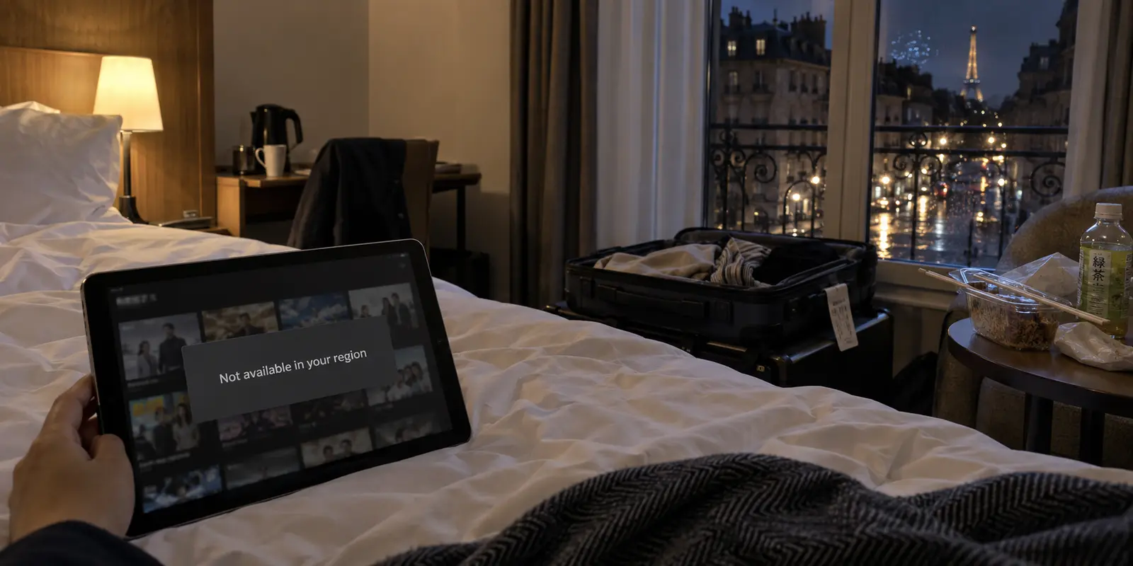 A Japanese streaming service is unavailable on a tablet in a Paris hotel room