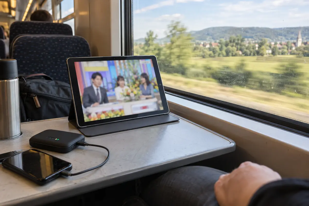 A Japanese program plays smoothly on a tablet during an overseas train journey