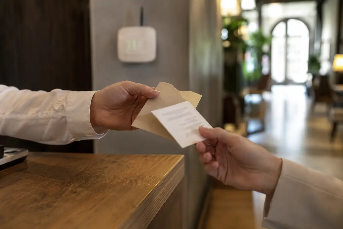 Remise d’une carte de chambre et des informations d’accès au Wi-Fi à la réception d’un hôtel