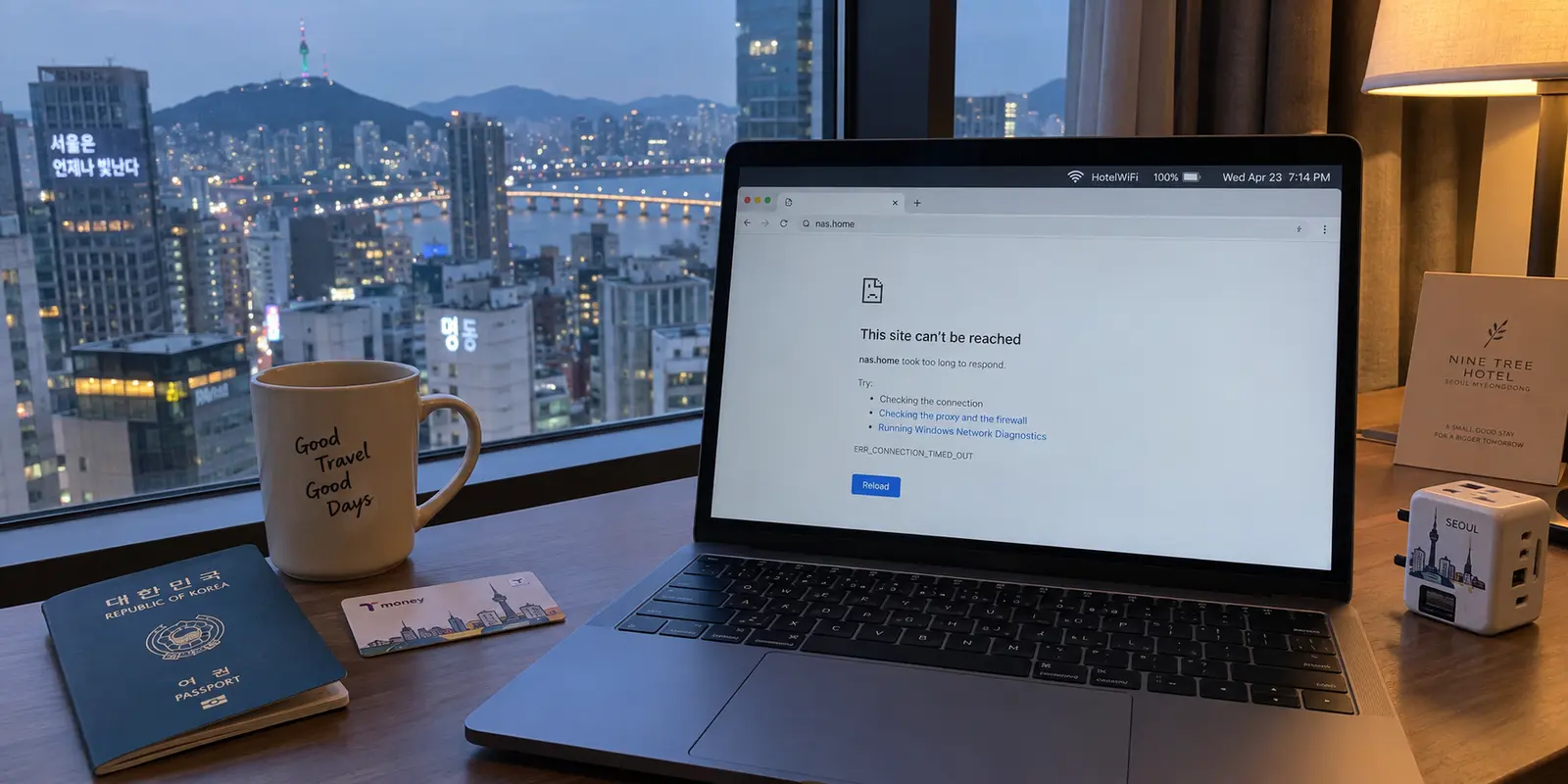 A laptop in a Seoul hotel on working Wi-Fi while a bookmarked home NAS cannot be reached
