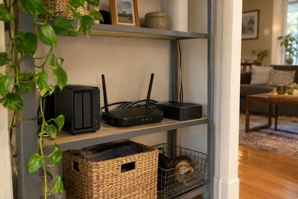 A home NAS, router, and always-on mini computer connected on a shelf inside a house