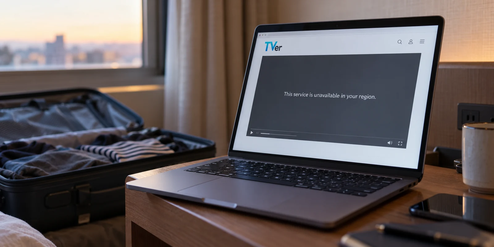 A Japanese streaming page showing a regional access notice on a hotel laptop.