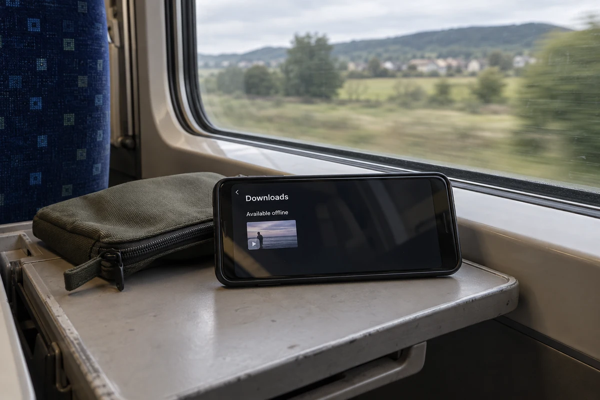 A phone showing an offline video download on a train tray.
