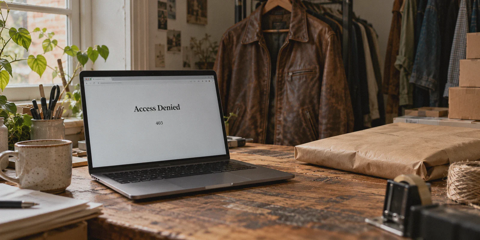 A browser displays a 403 error in a secondhand clothing workspace.