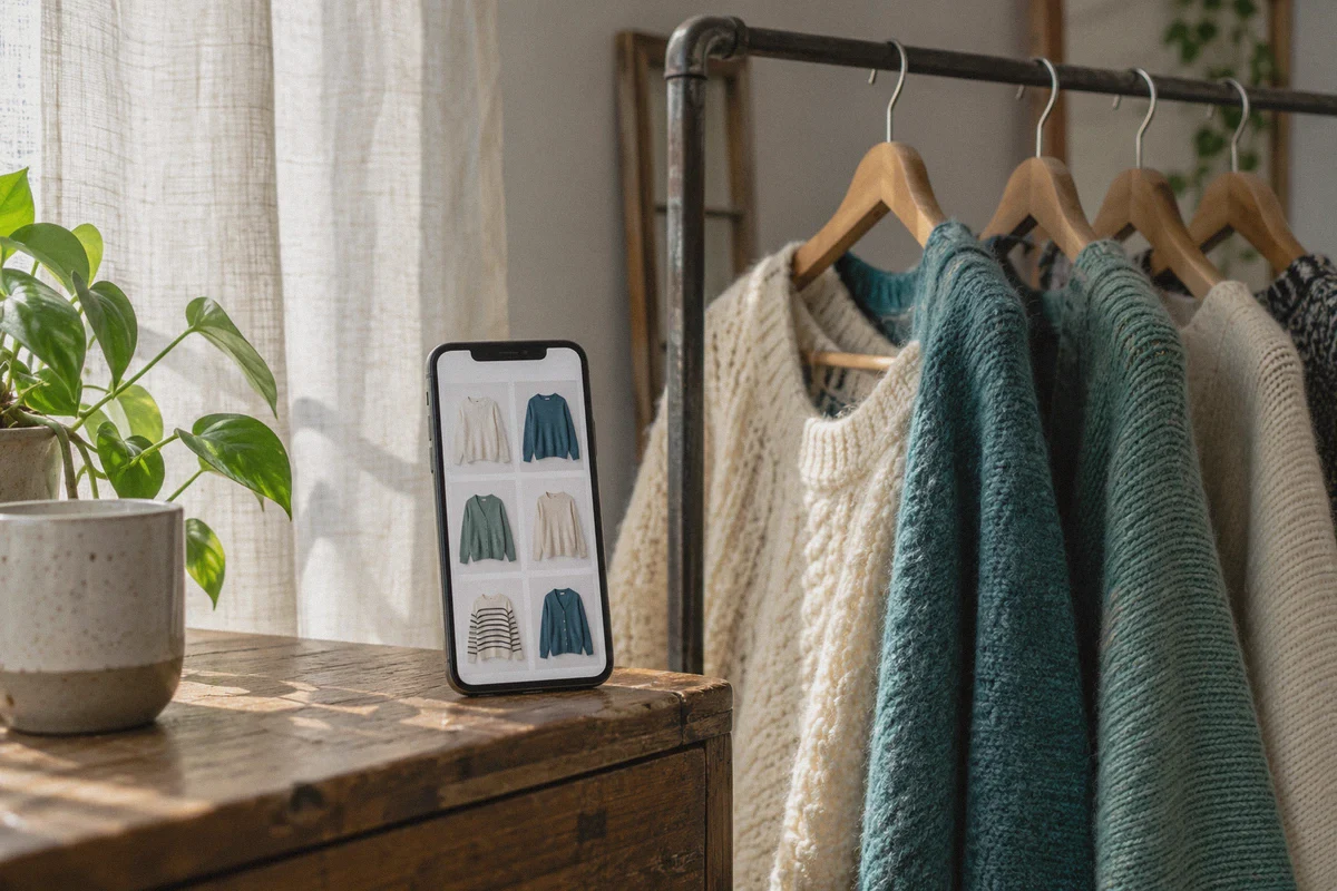 A clothing catalog on a phone beside secondhand knitwear.