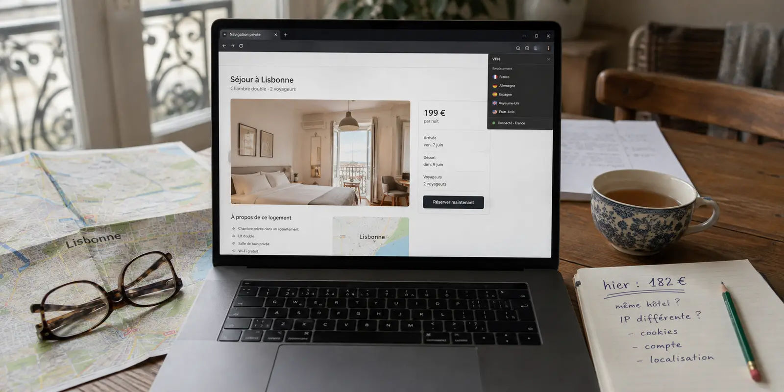 Une chambre à Lisbonne affichée à 199 euros après avoir coûté 182 euros la veille, malgré la navigation privée et un VPN