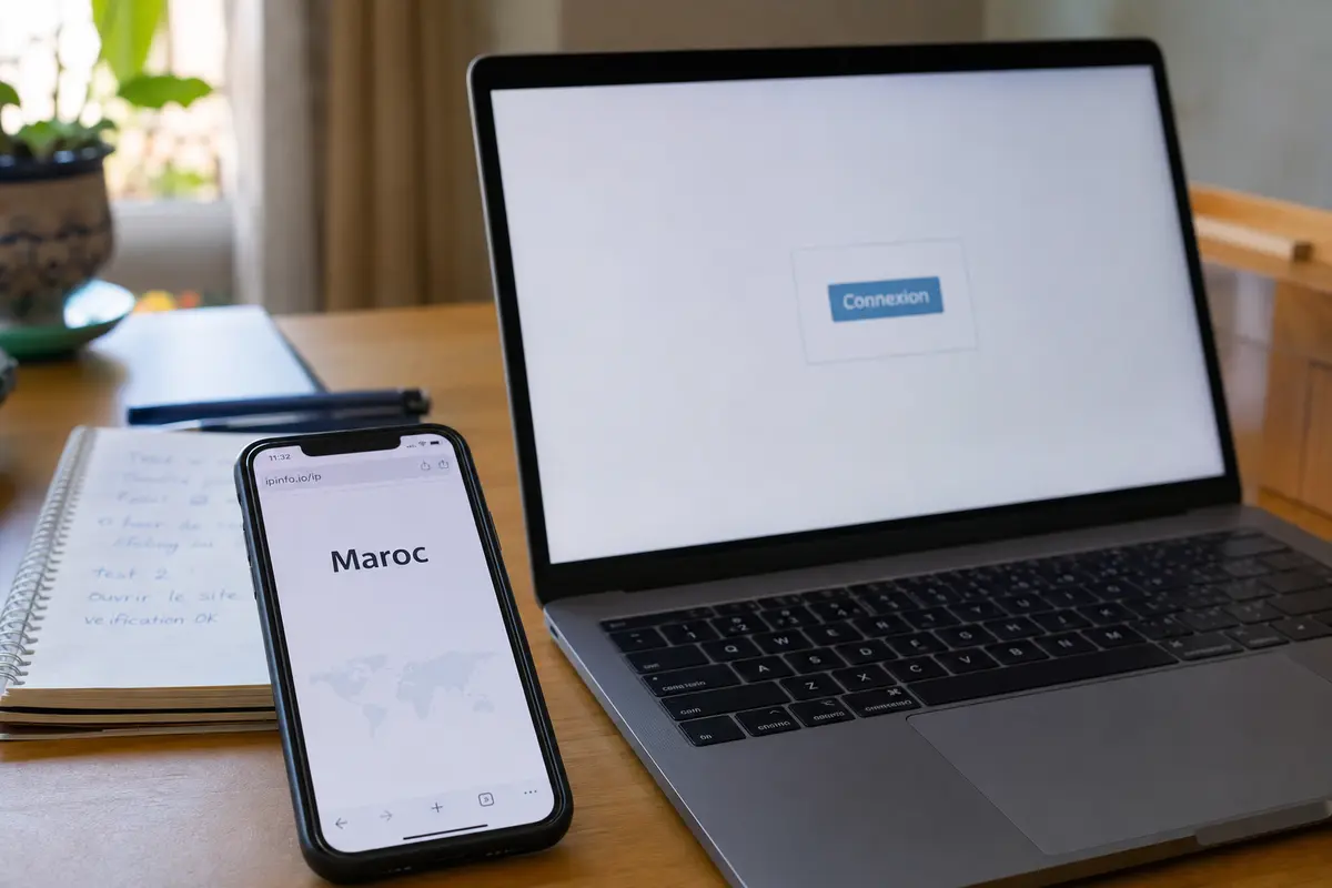 Un téléphone confirme une adresse au Maroc tandis que le service cible affiche sa page de connexion sur l’ordinateur