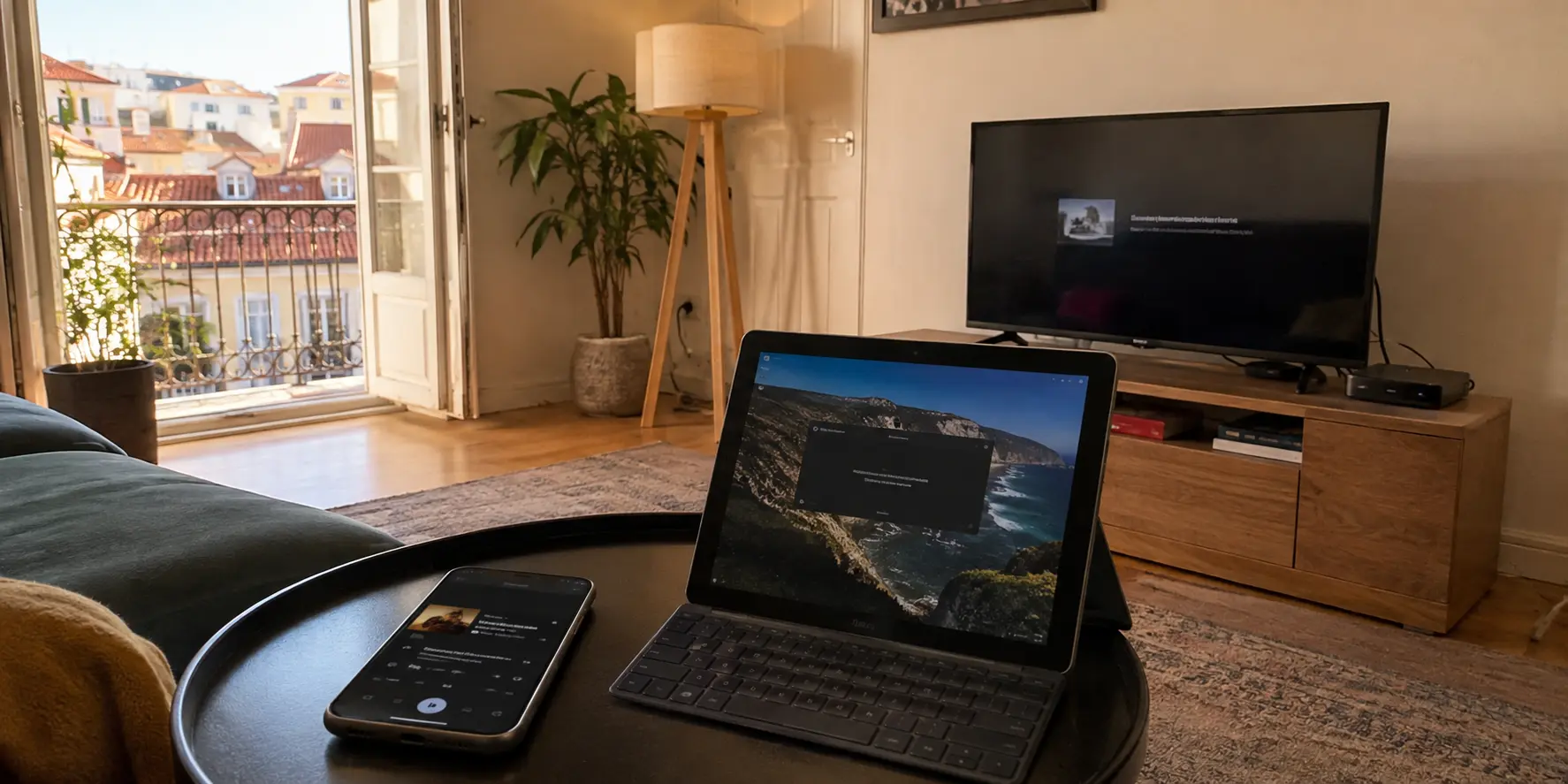 Salon d’un appartement portugais avec téléviseur, ordinateur et iPhone pour AirPlay