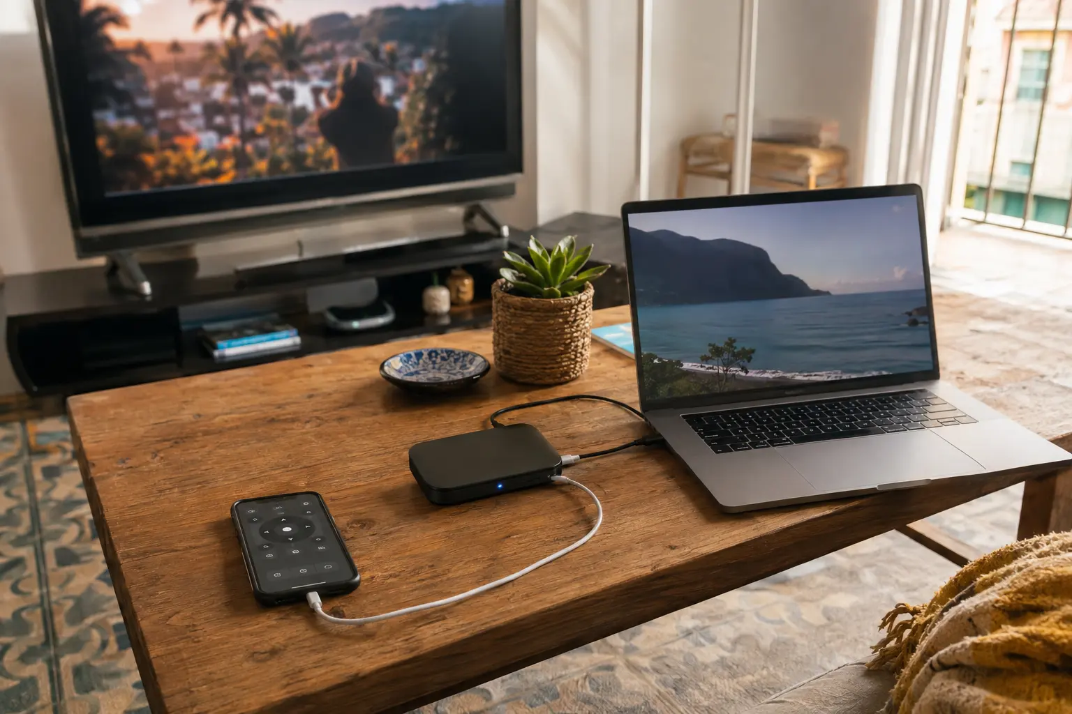 Téléviseur diffusant une vidéo, ordinateur passerelle et téléphone sur une table de location