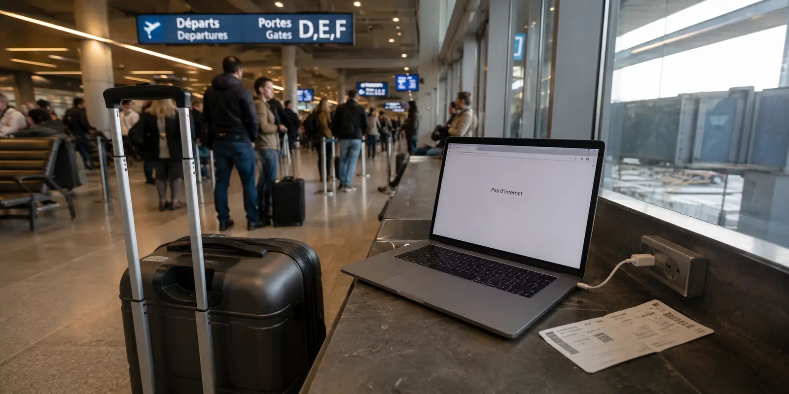 Ordinateur sans accès Internet près d’une porte d’embarquement dans un aéroport
