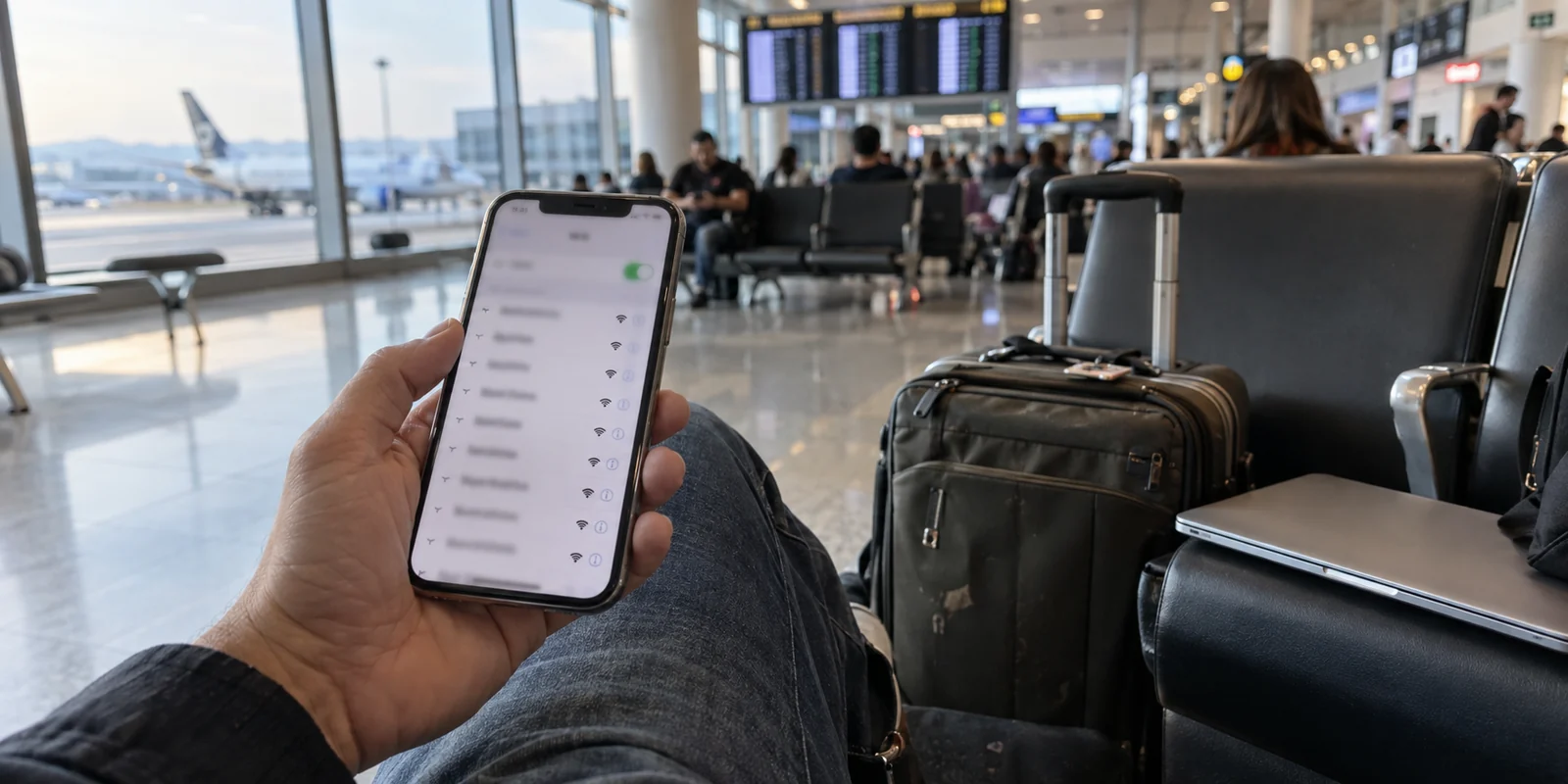 A traveler checks similarly named Wi-Fi networks at an airport gate