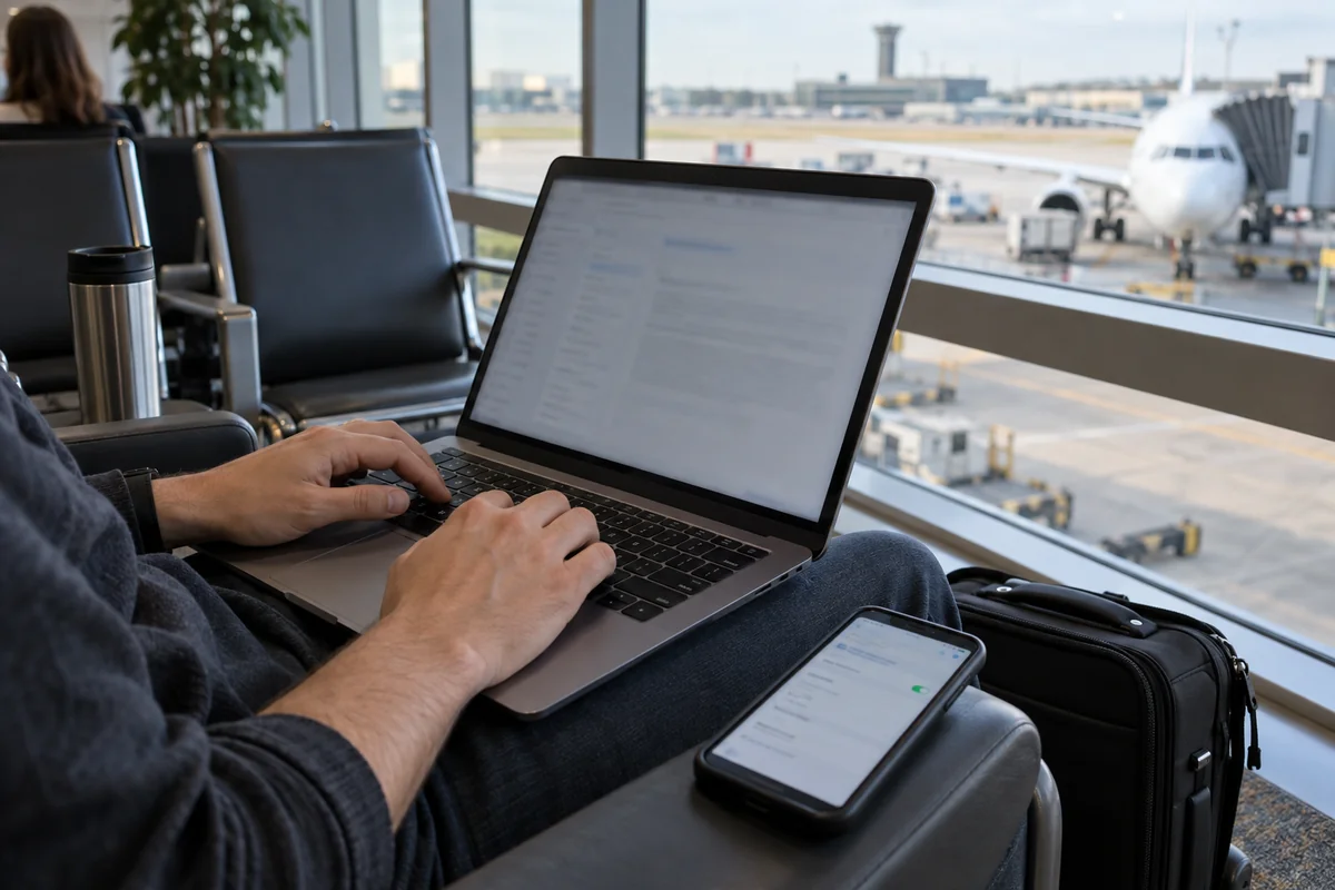 A traveler works on a laptop using a phone connection at an airport gate