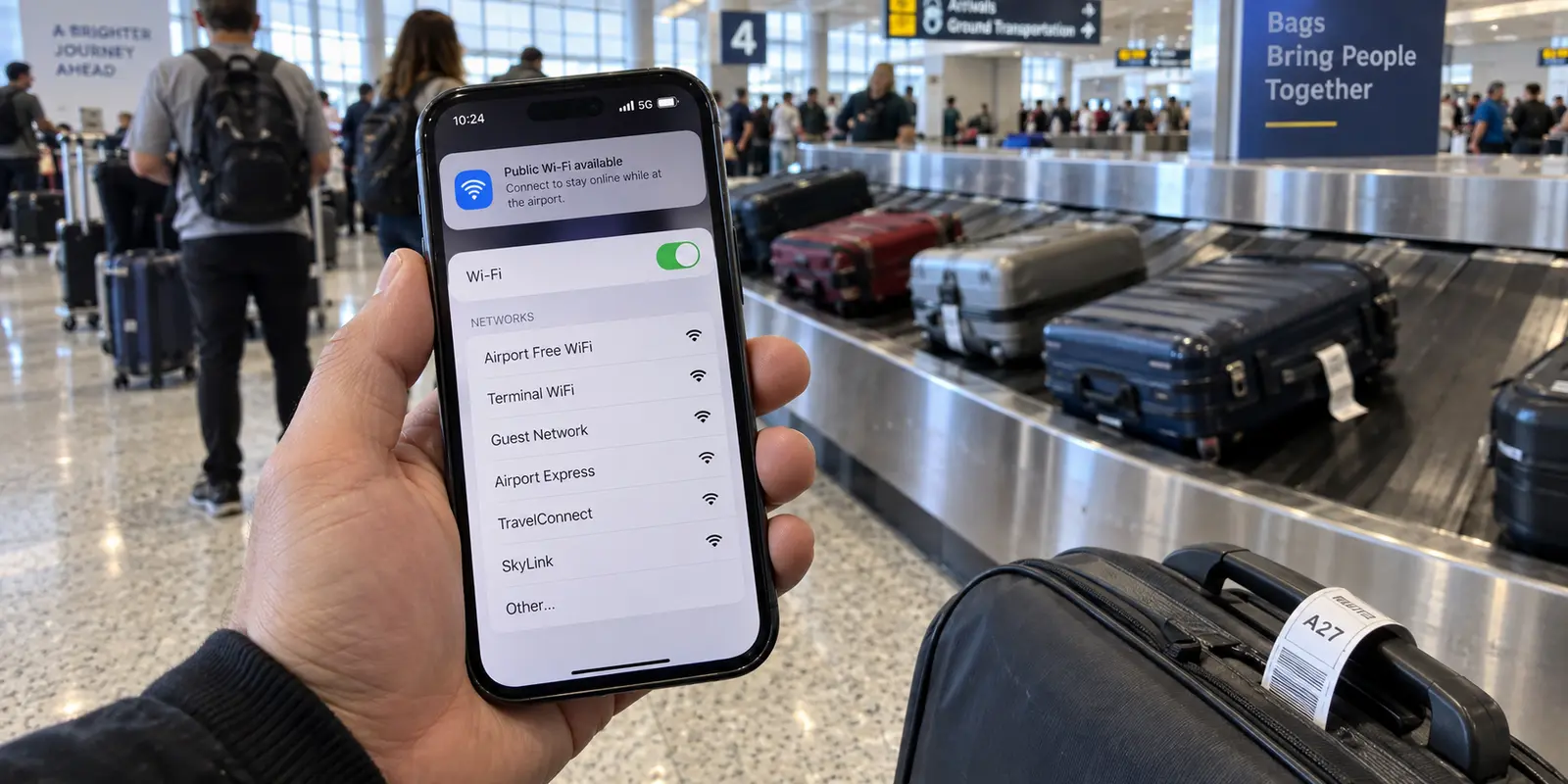 A traveler with full 5G sees several public Wi-Fi choices beside an airport baggage carousel