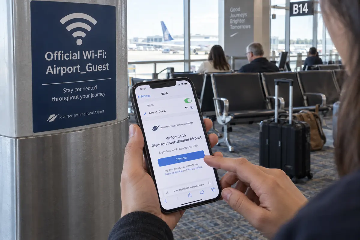 A traveler matches an airport’s official Wi-Fi sign to the network selected on a phone before continuing