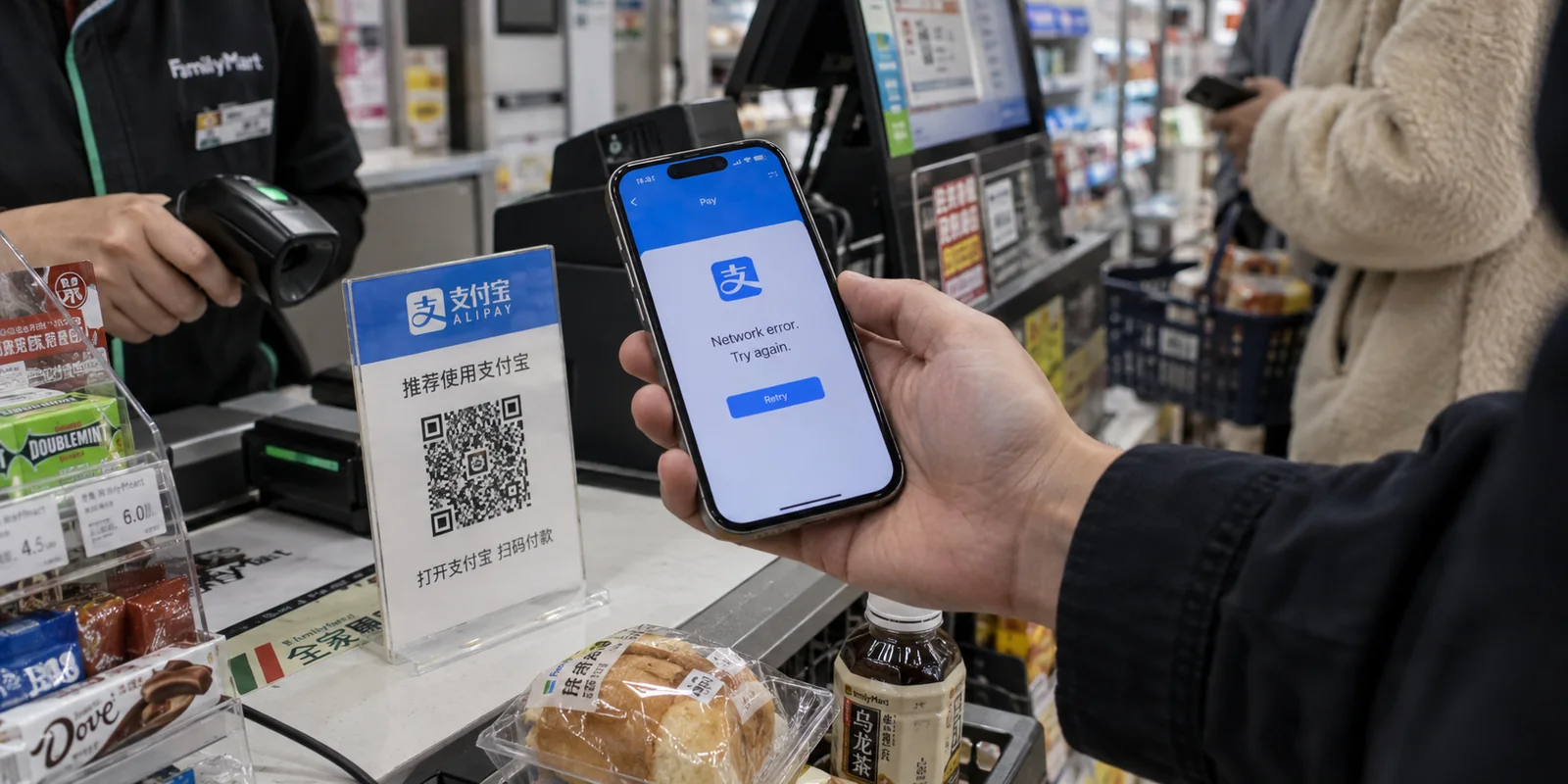 An Alipay payment stalls with a network error at a convenience-store counter.