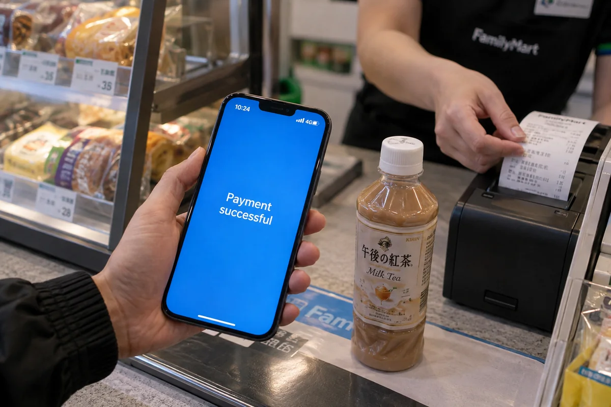 A mobile payment succeeds over cellular data at the checkout counter.