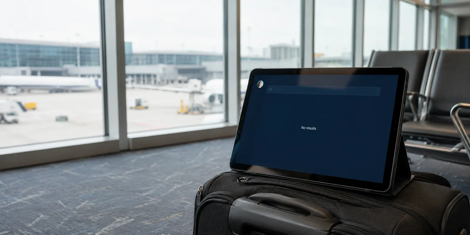 A tablet on a carry-on suitcase showing no streaming search results in an airport lounge