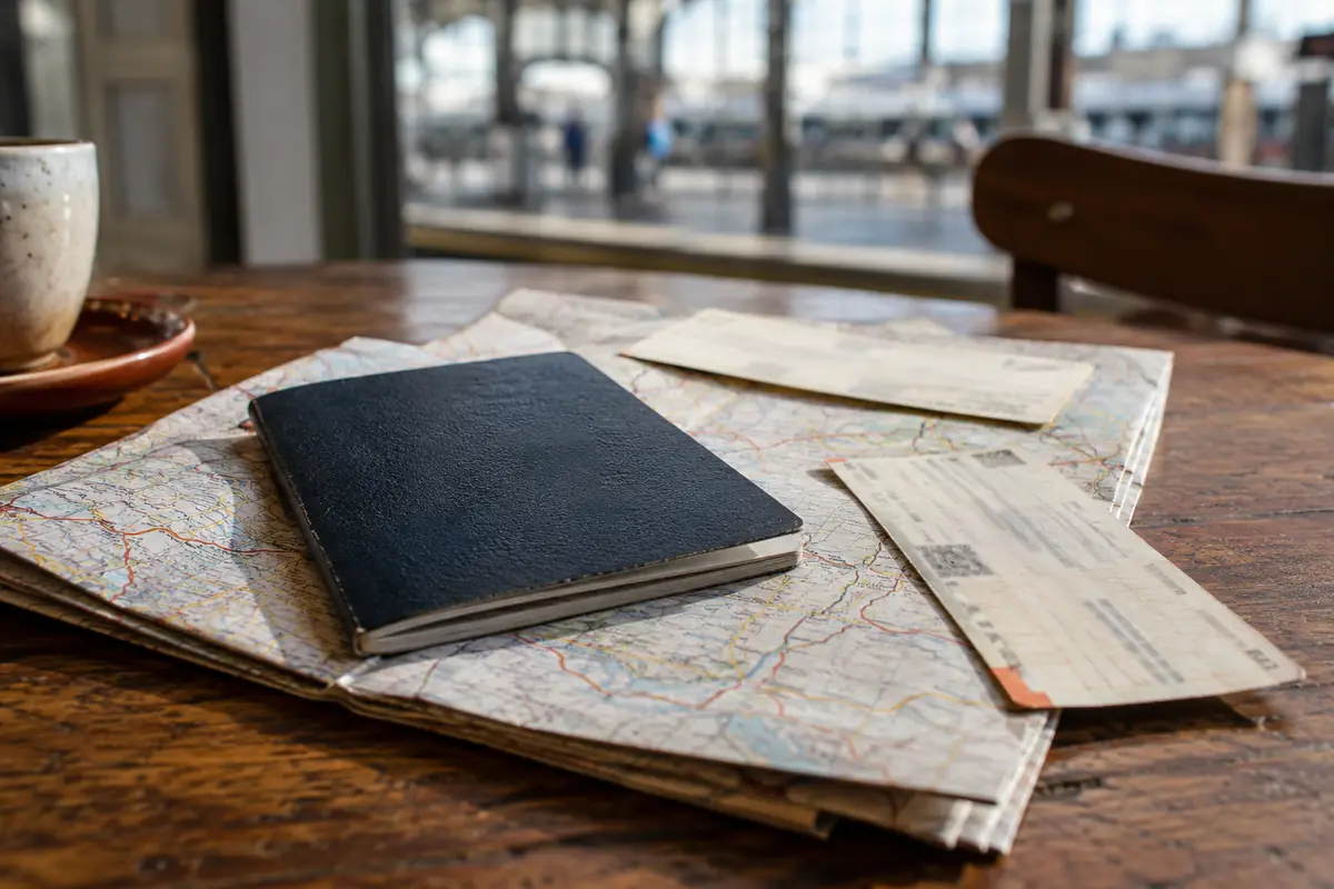 A passport resting on a folded route map beside two different travel tickets