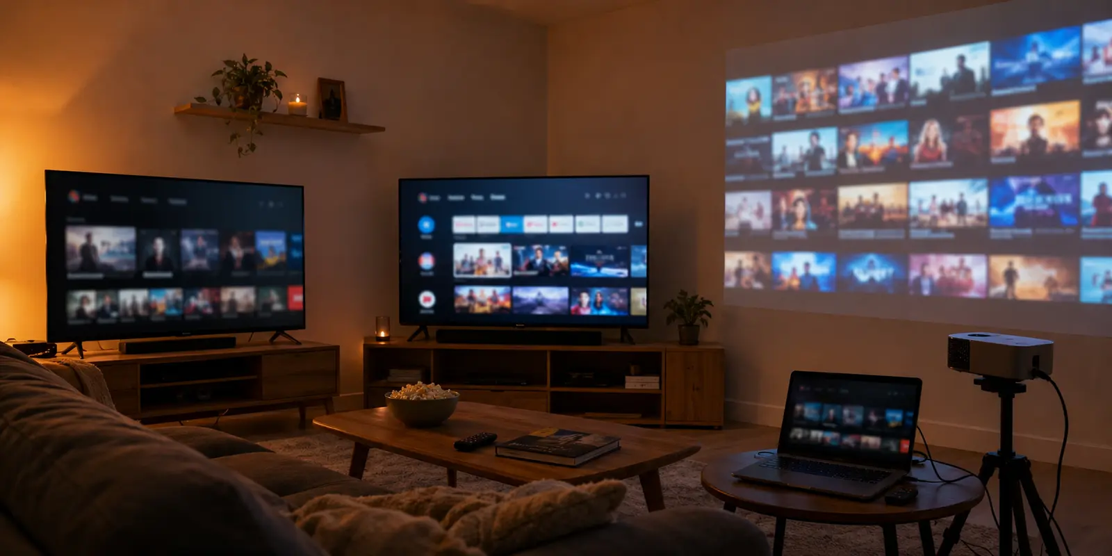 Tres televisores y un portátil reproduciendo contenido mediante HDMI