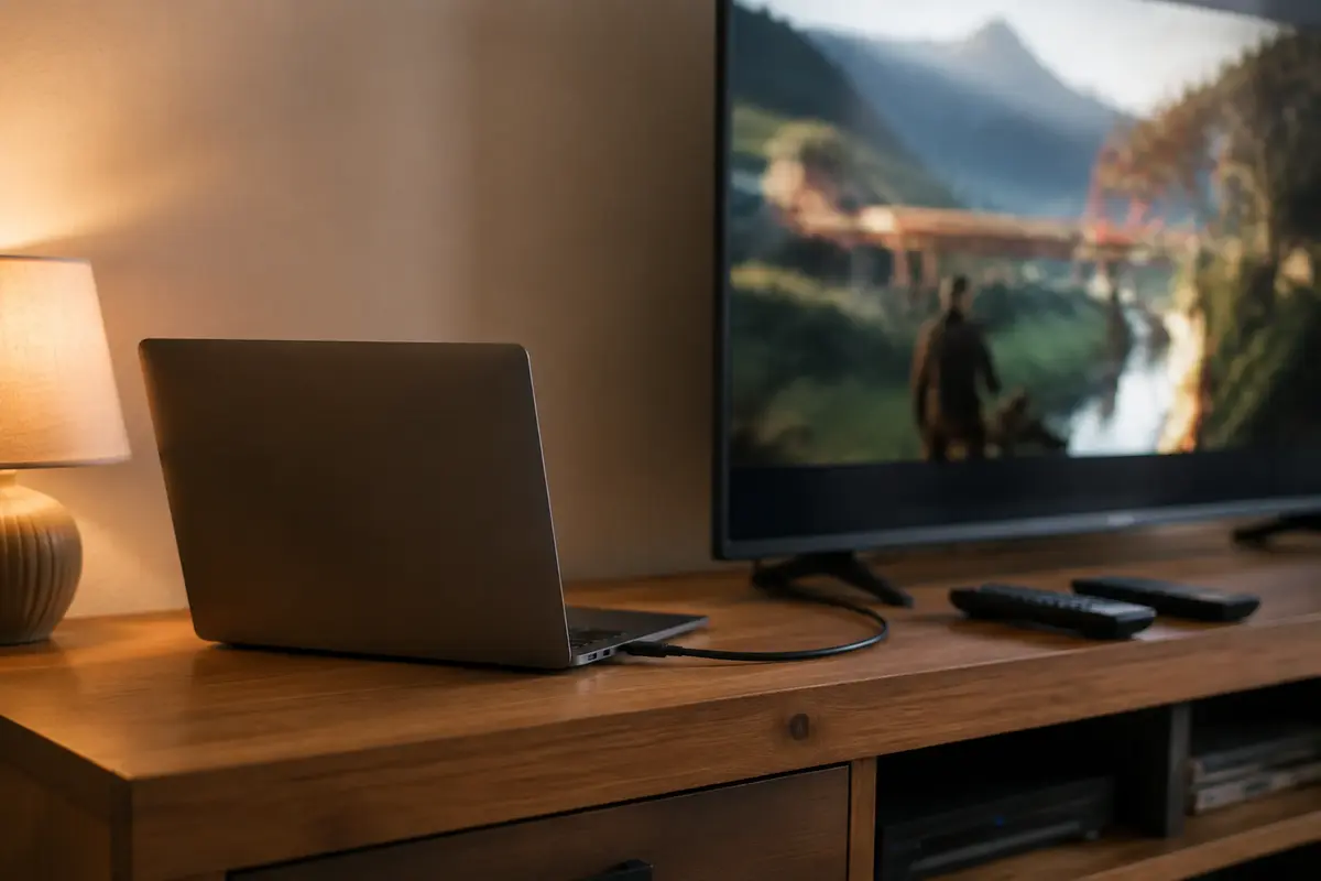 Portátil conectado por HDMI a un televisor con el mando apartado