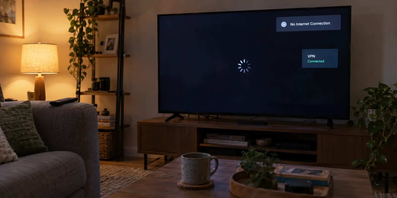 A television stuck loading with a no internet message while its VPN remains connected