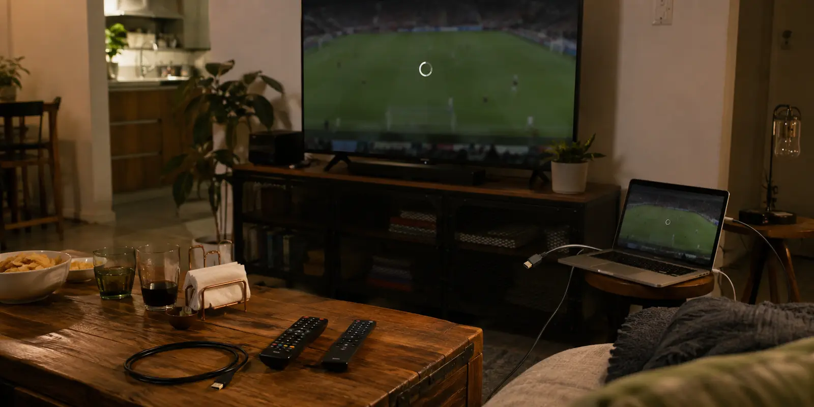 Sala en México con un televisor cargando un partido, un portátil abierto, un cable HDMI y dos mandos