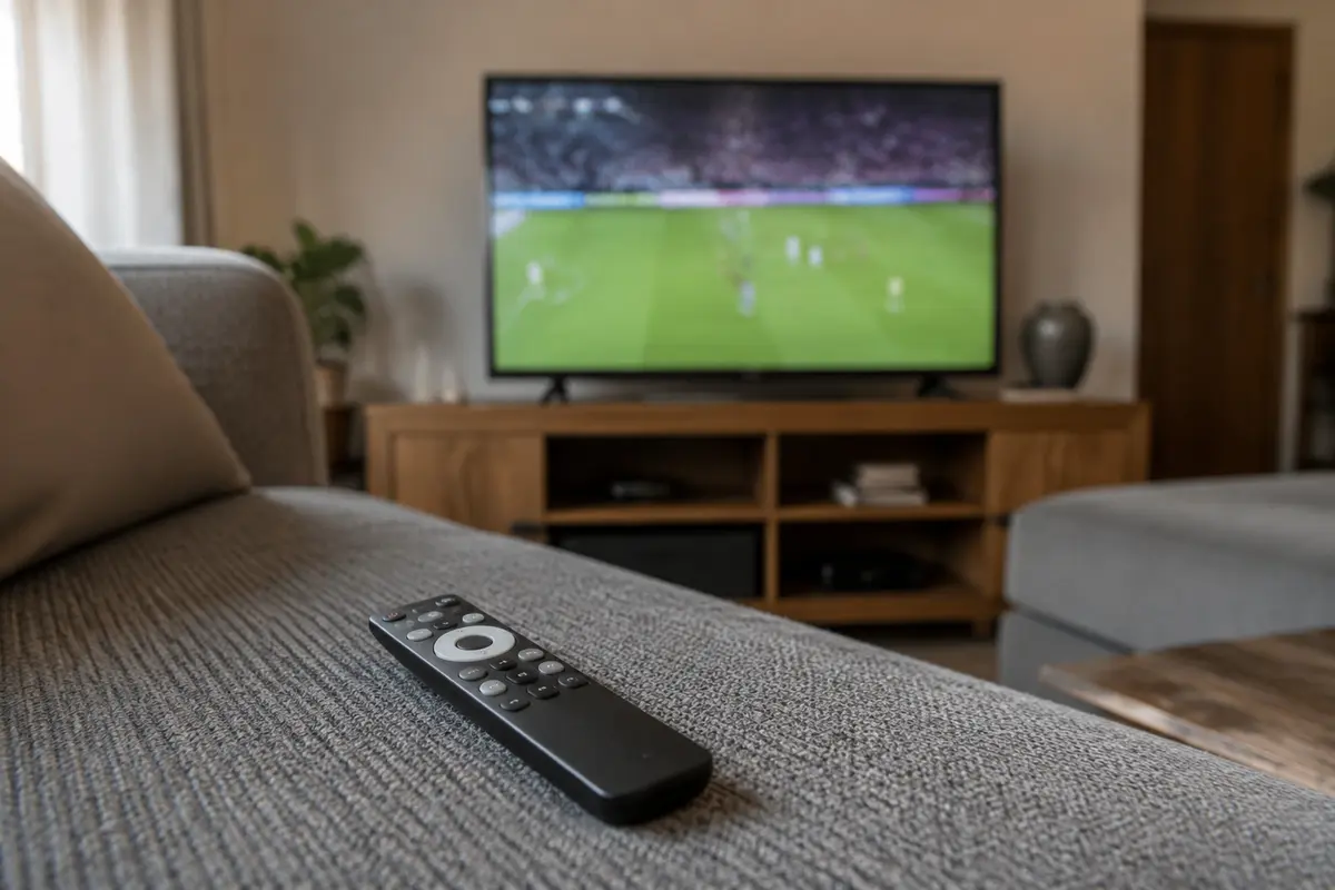 Mando de Android TV frente a un televisor que reproduce un partido en una sala tranquila