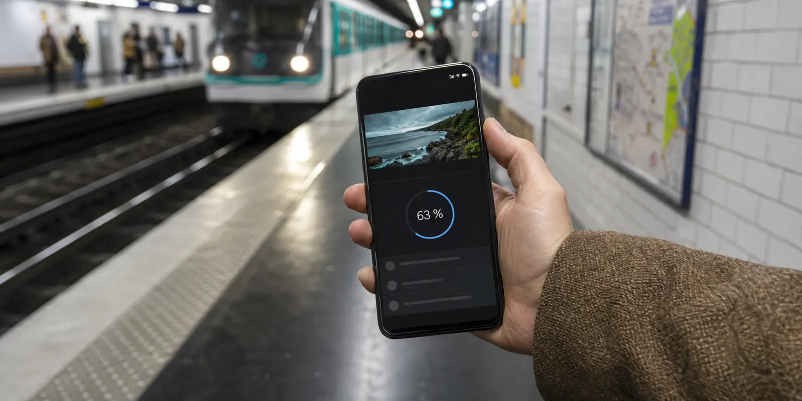 Sur un quai de métro, un téléphone Android montre un envoi vidéo figé à 63 % après avoir été verrouillé.