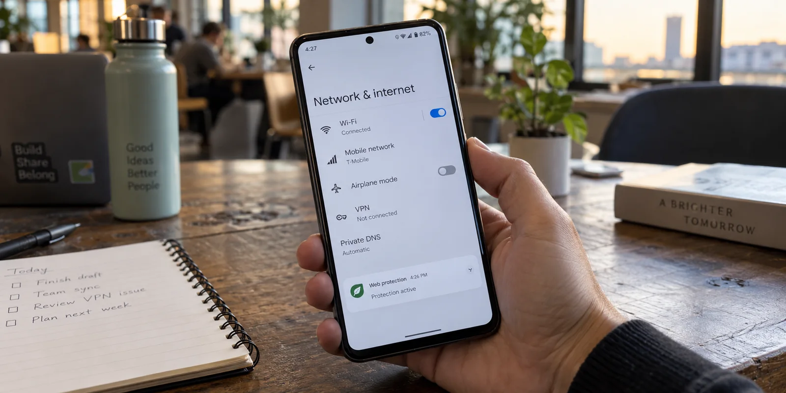 Android shows strong Wi-Fi but no active VPN while another web-protection service is active.