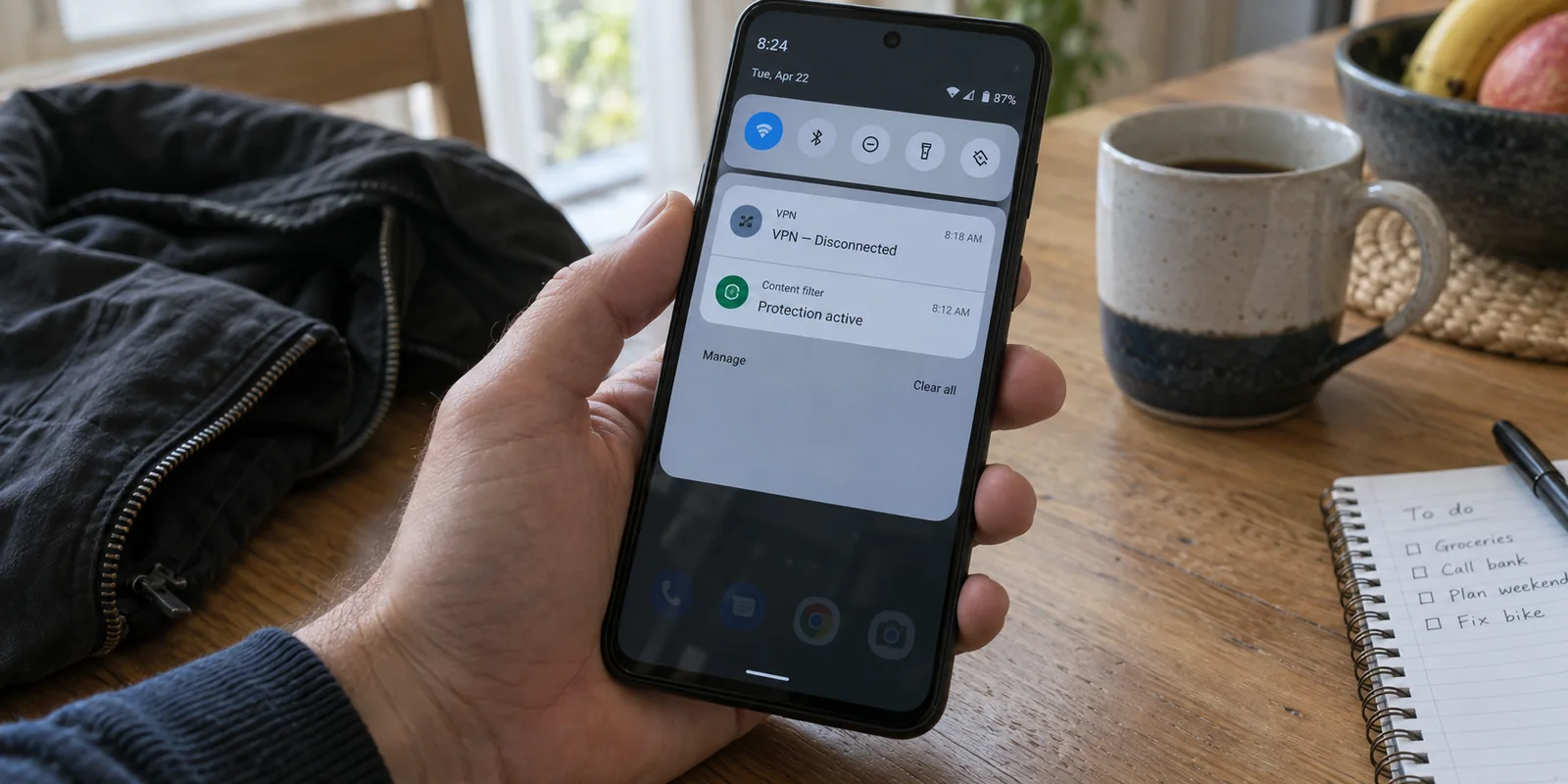 An Android phone shows its VPN disconnected while a content filter remains active.