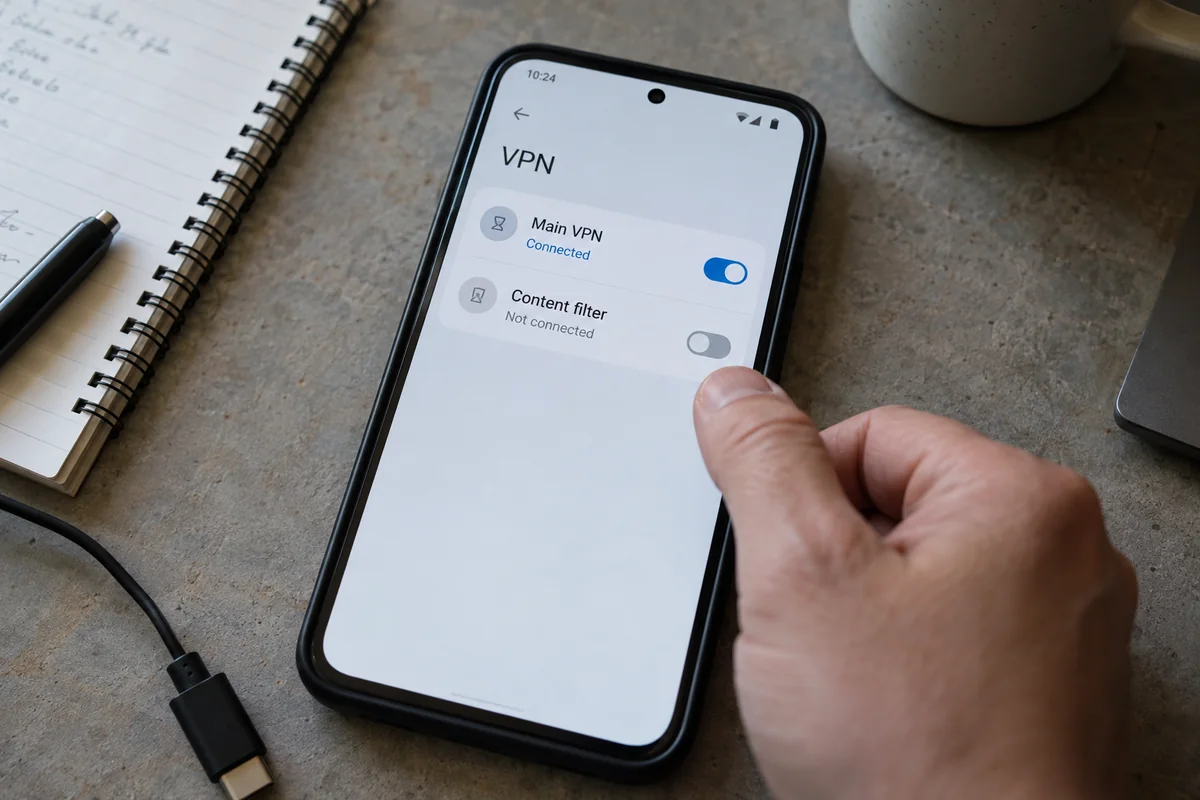 Android VPN settings show one main VPN connected and a content filter disconnected.