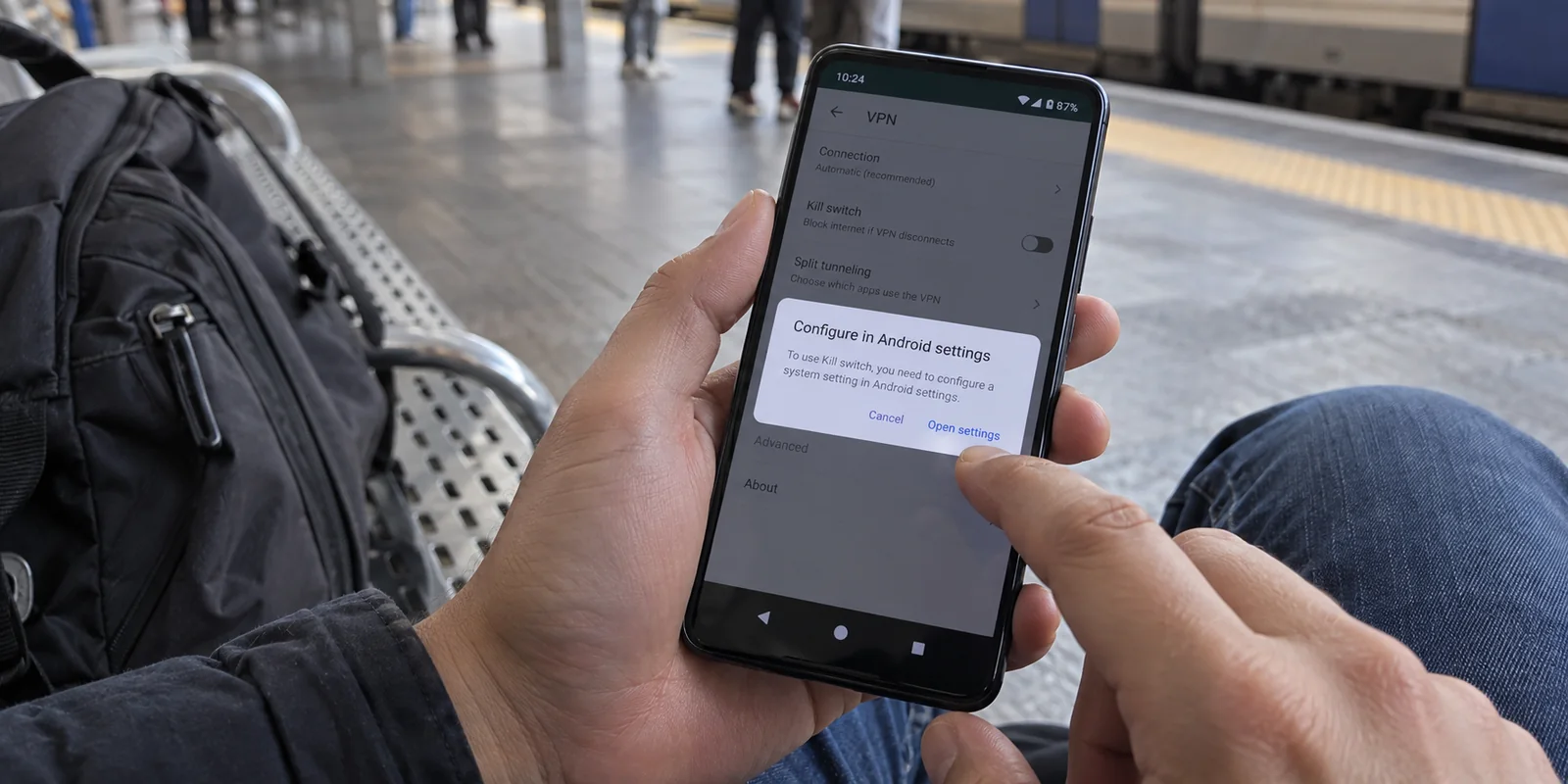 An Android VPN app directs its kill-switch setup to Android system settings.