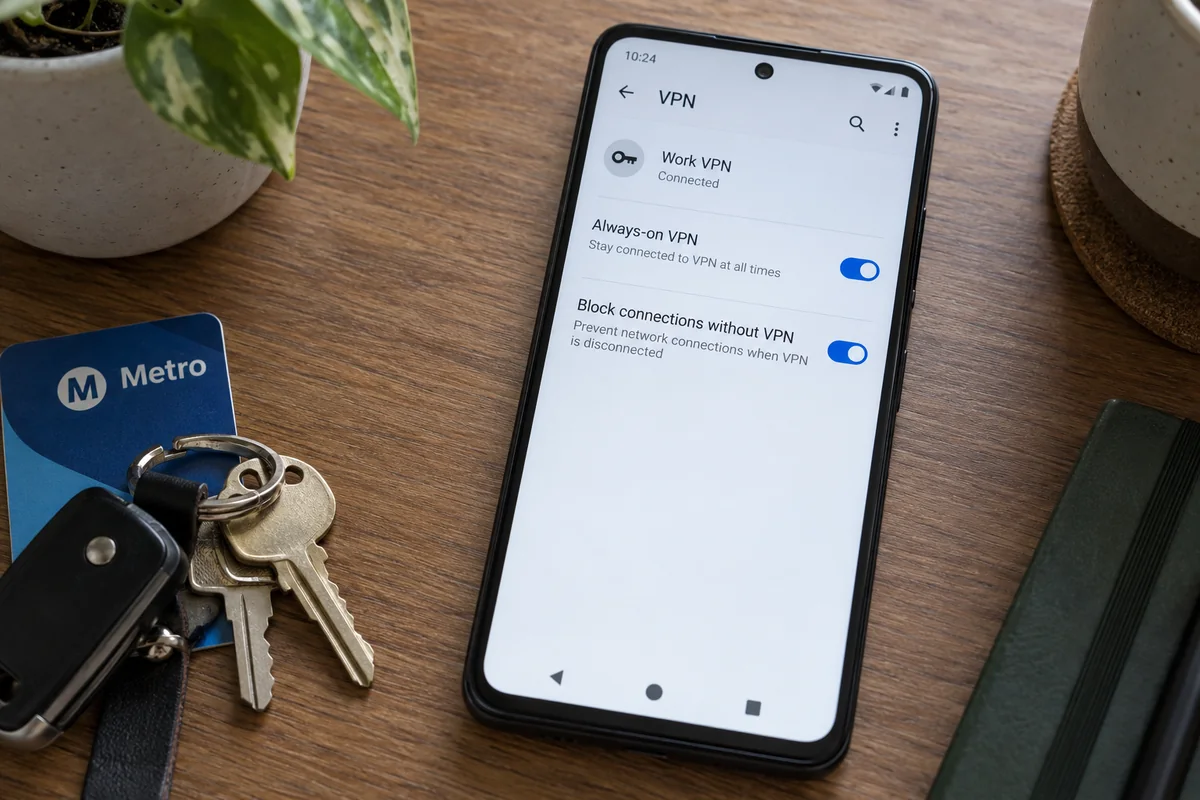 Android VPN settings have Always-on VPN and Block connections without VPN enabled.