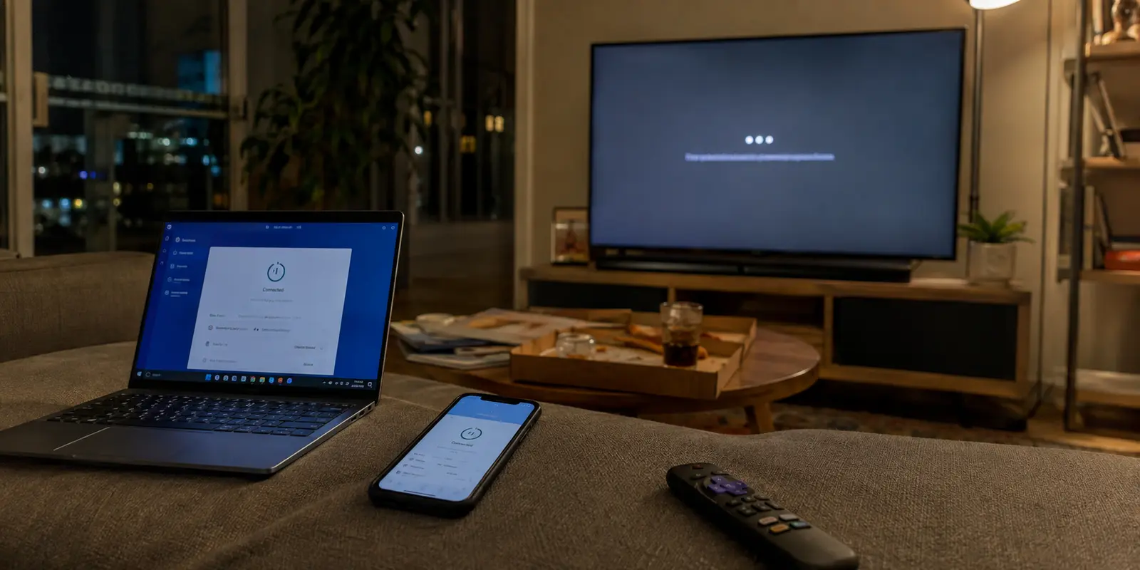Televisão com falha de carregamento enquanto notebook e telefone estão conectados
