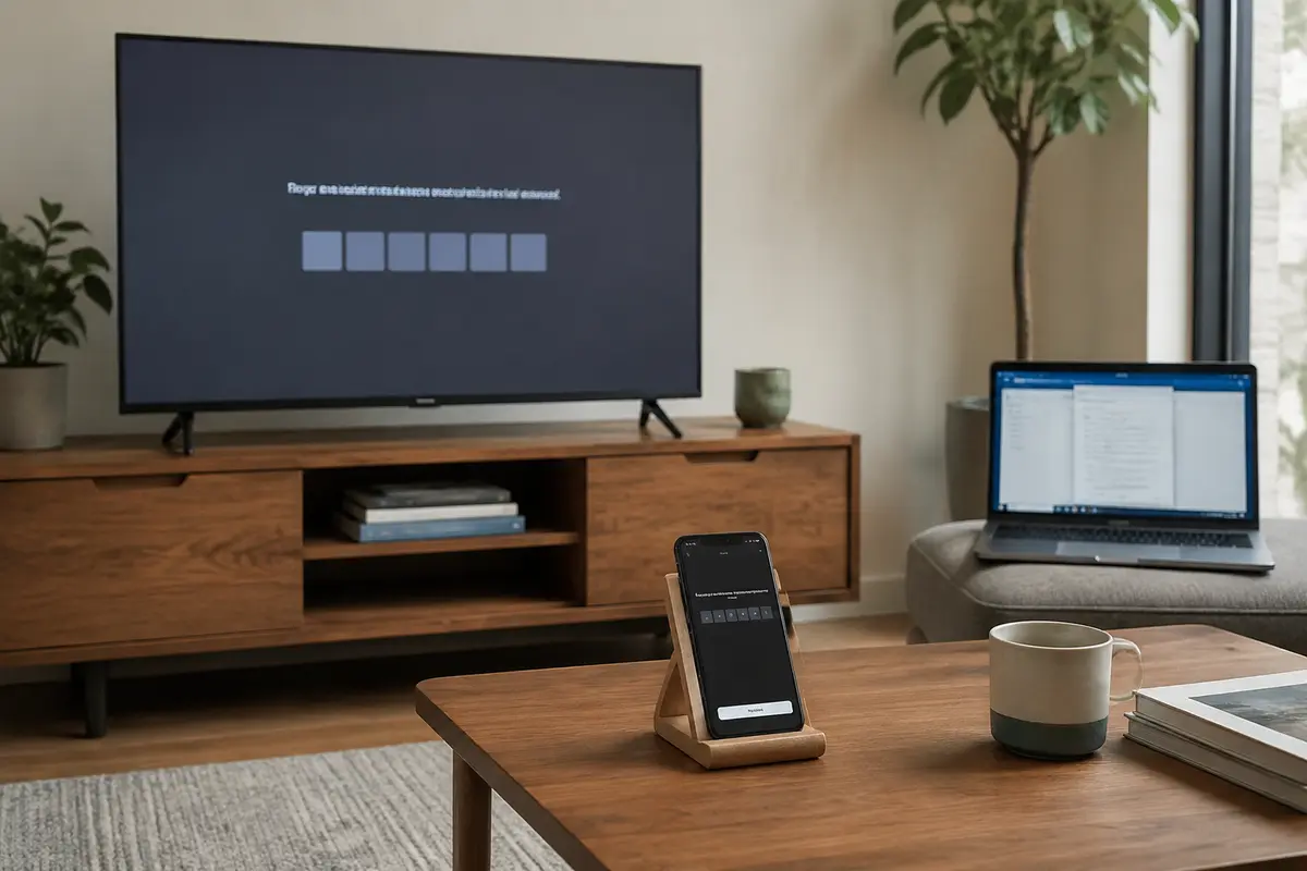 Televisão exibindo código de autorização ao lado de telefone e notebook