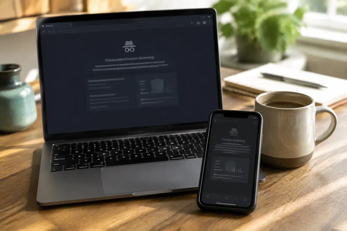 Téléphone et ordinateur pendant une navigation privée