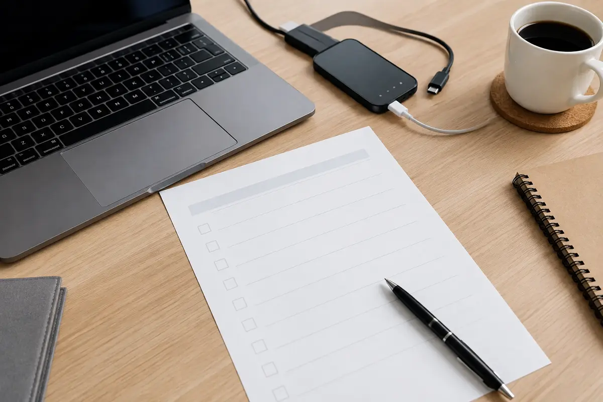 Escritorio con portátil, teléfono compartiendo datos y una lista de acceso