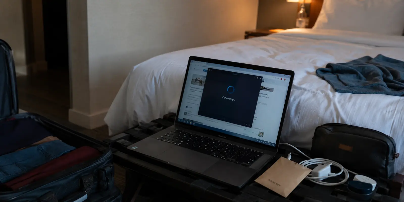 Un ordinateur portable dans une chambre d’hôtel reste bloqué sur la connexion au VPN d’entreprise