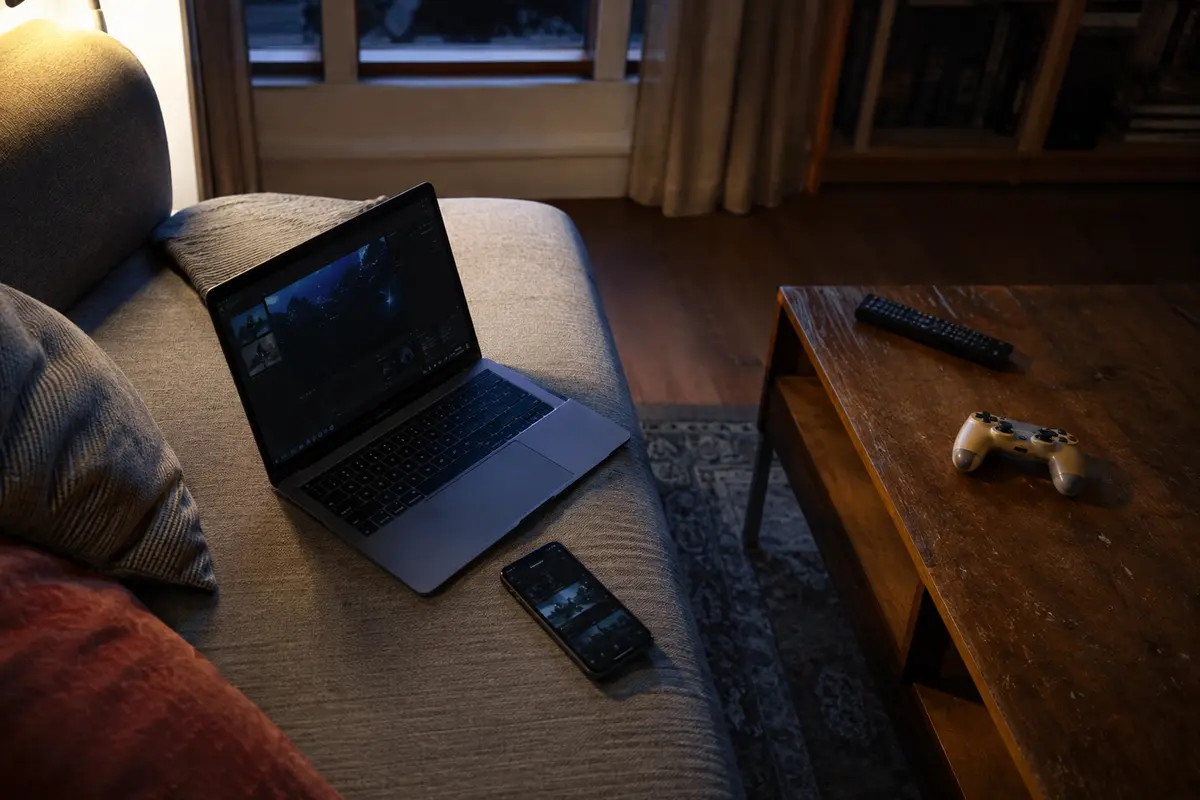 Notebook e celular no sofá separados do controle remoto e do videogame da casa