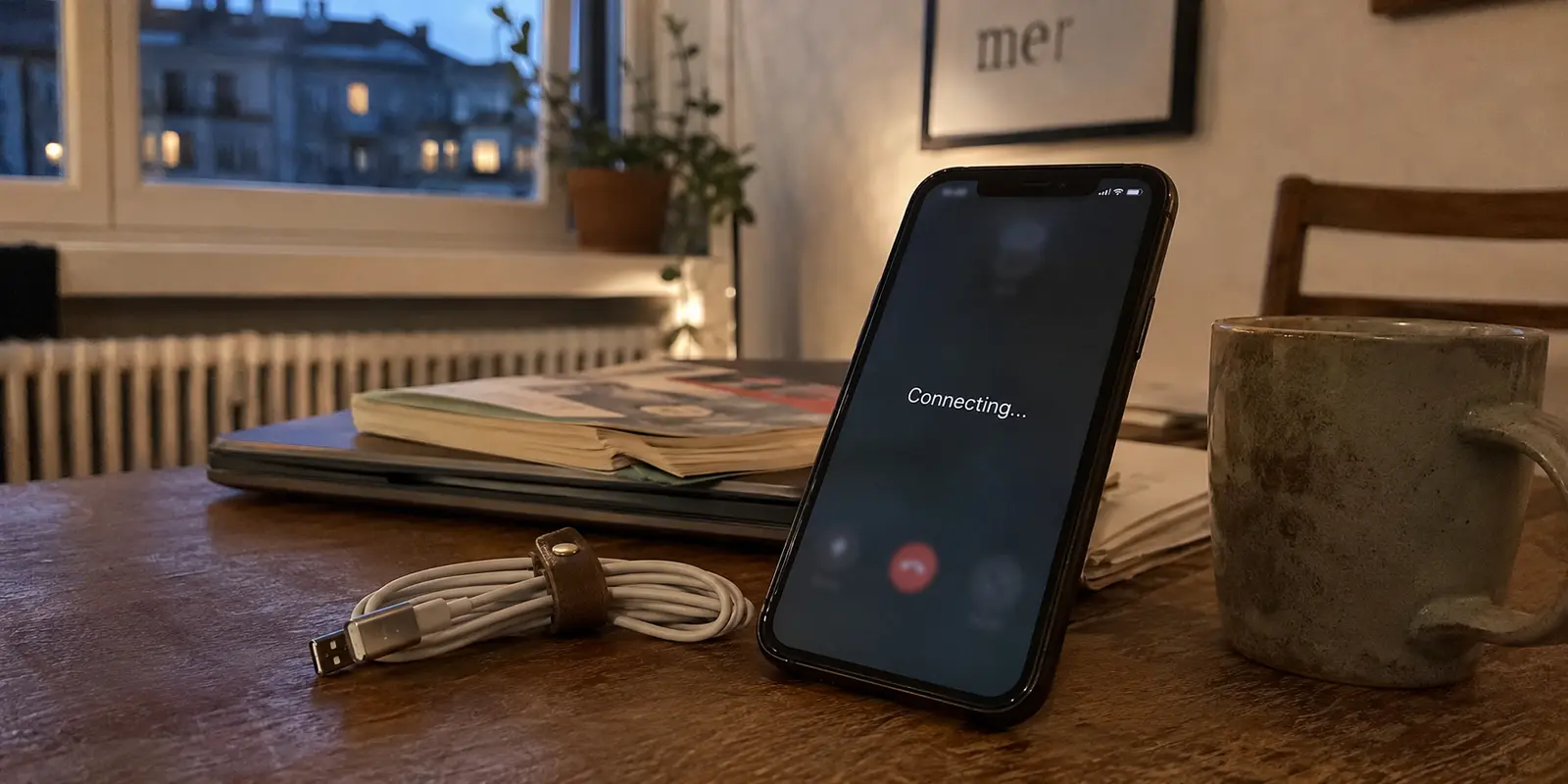 Un téléphone reste bloqué sur Connecting pendant une tentative d’appel audio dans un appartement.