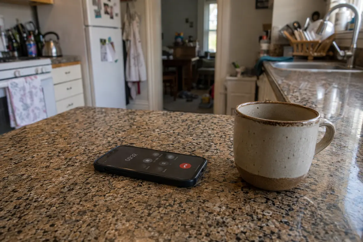 Un appel audio connecté continue sur haut-parleur à côté d’une tasse dans une cuisine.