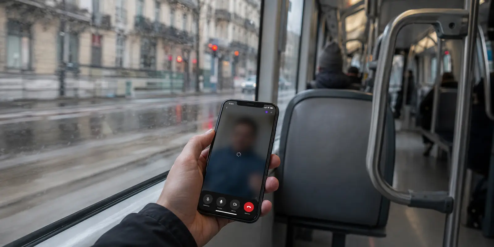 Dans un tramway, un appel vidéo se fige sur un téléphone au moment où le réseau mobile prend le relais.