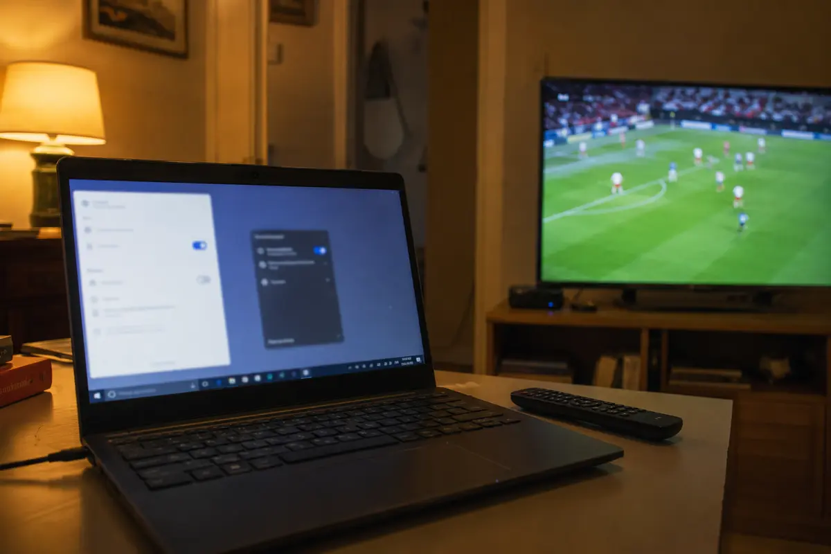 Portátil a partilhar uma ligação por hotspot enquanto o jogo passa na Apple TV