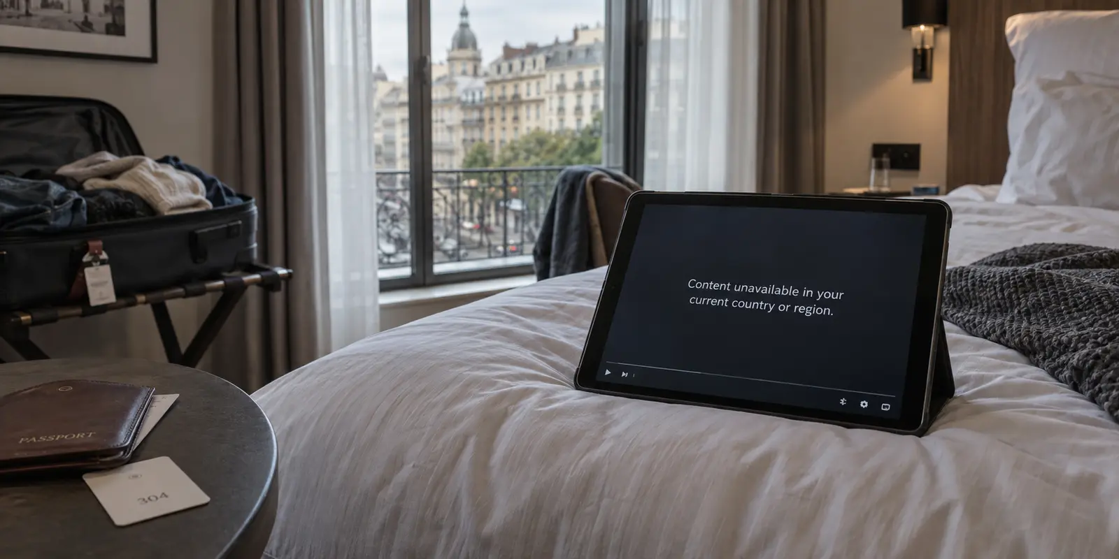 A tablet in a hotel room showing that video is unavailable in the current region