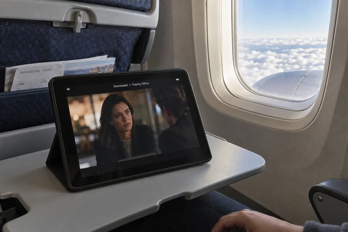 A downloaded episode playing offline on a tablet during a flight