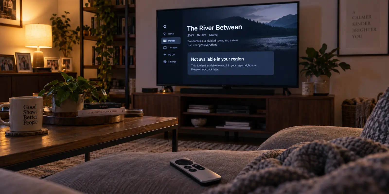 A living-room television reports that a streaming title is not available in the viewer’s region